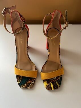 BAMBOO Yellow & Multi Snake-Print Ankle Strap Heels